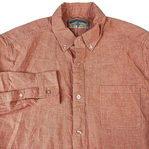 Margaritaville Mens Button Up Shirt Size Large Orange Check Linen Blend Vacation